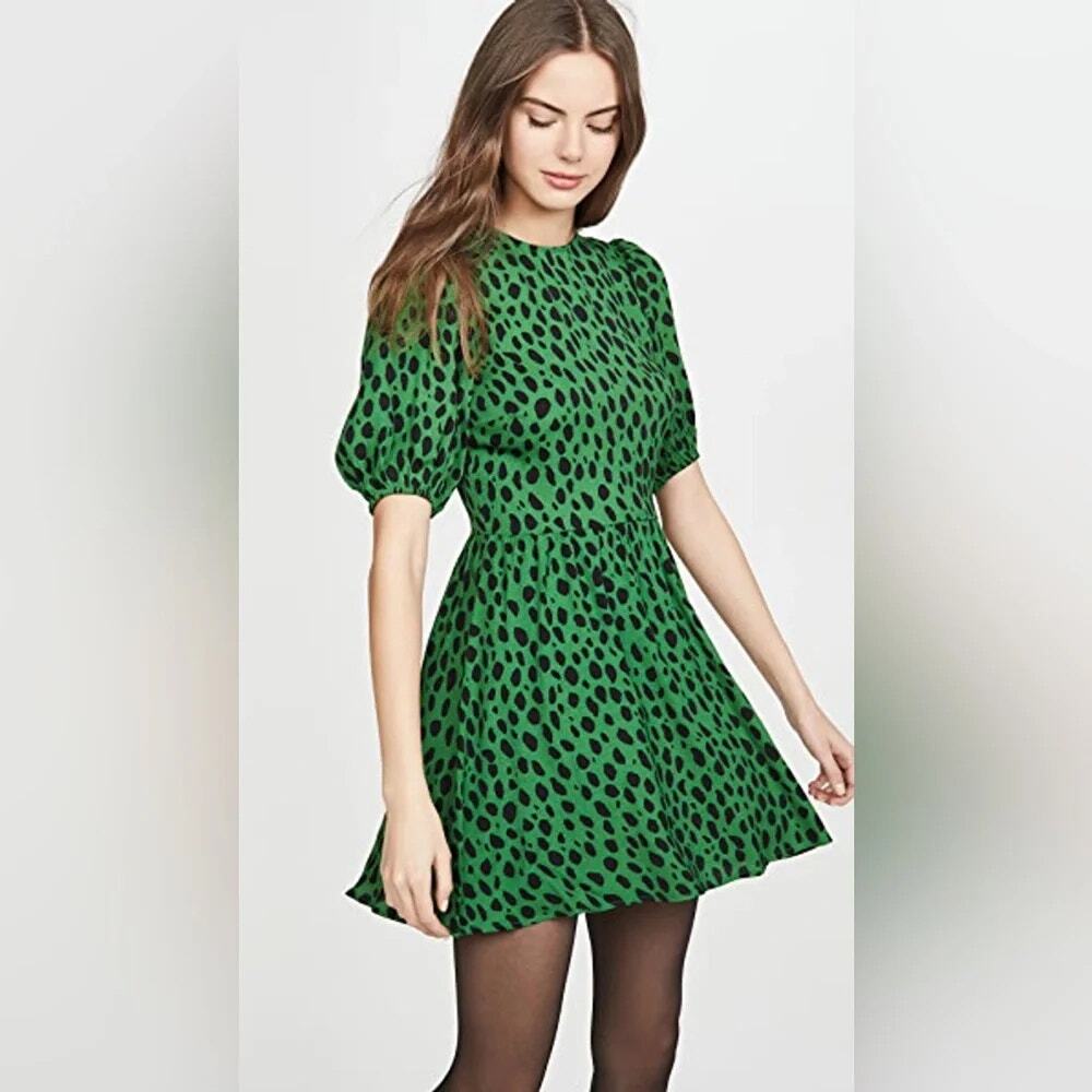 Reformation Dulce Dress Tomatillo Green Cheetah Animal Print Puff Sleeves SZ 12